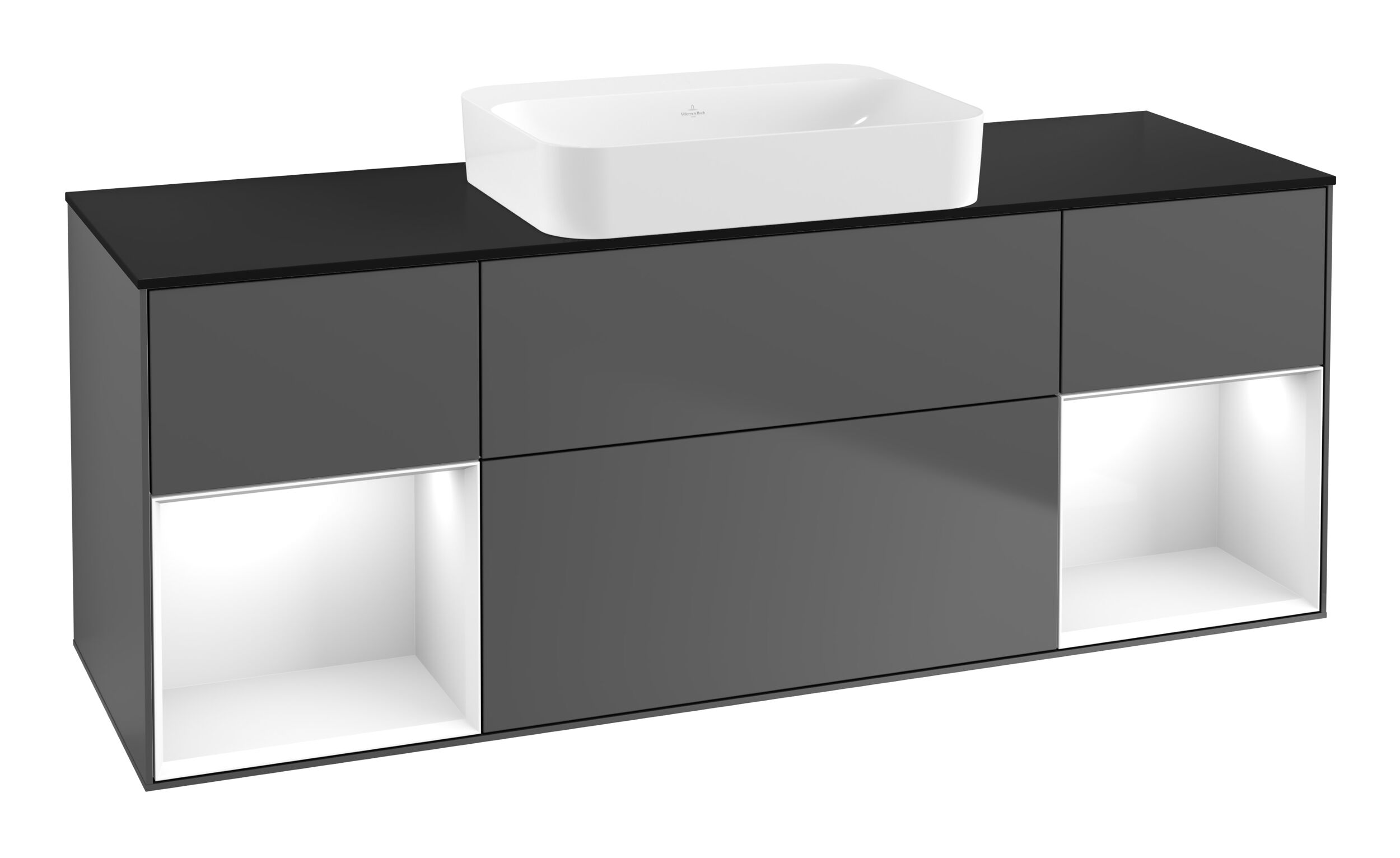 Villeroy & Boch Finion Waschbeckenunterschrank für Becken mittig Regal links/rechts für Finion 4 Auszüge mit Beleuchtung (2x LED) ohne Hahnloch 1600 x 603 x 501 mm - Anthracite Matt Lacquer / Glossy White Lacquer / Glass Black Matt - F742GFGK Image
