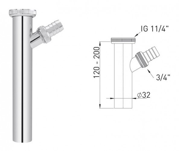 ASW-Metallwaren 2020 Freisteller Verstellrohr-Messing-verchromt-32-x-200-mm-Einlauf-45-Grad 100429 2