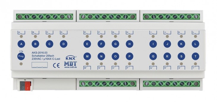 MDT 2020 Freisteller Schaltaktor-KNX-REG-12TE-20-Ausgaenge-16A-230V-Bussystem-KNX-2500W AKS-2016-03