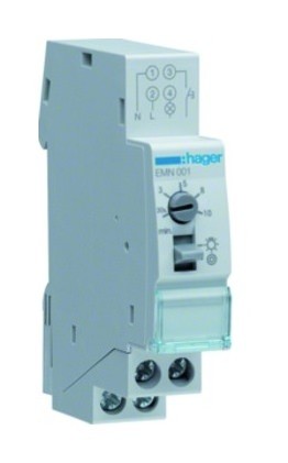 Hager 2017 Foto Treppenlichtzeitschalter-DIN-Schiene-elektronisch-230VAC-3-4-Leiter-Schaltung-230V-AC-ohneAusschaltvorwarnung-nachschaltbar-1TE EMN001