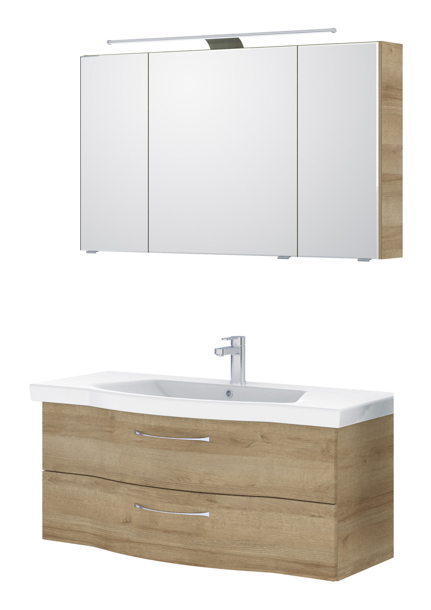Pelipal Serie 6005 Sprint Komplett-Set Waschtischunterschrank Spiegelschrank  Aufsatzleuchte Mineralmarmorwaschtisch 1220 mm - Riviera Eiche quer |  SET-016-018