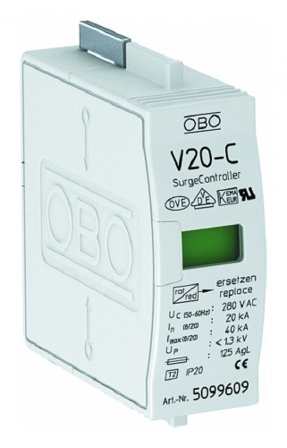 OBO-Bettermann 2020 Freisteller Ueberspannungsableiter-TN-230VAC-230VDC-1-3-kV-1TE-Basis-20-kA-optisch 5099609