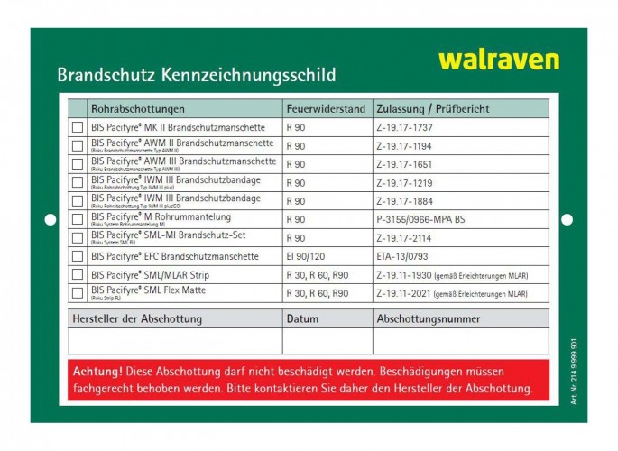 Walraven 2020 Freisteller PACIFYRE-Kennzeichnungsschild-Waende-Decken 2149999901