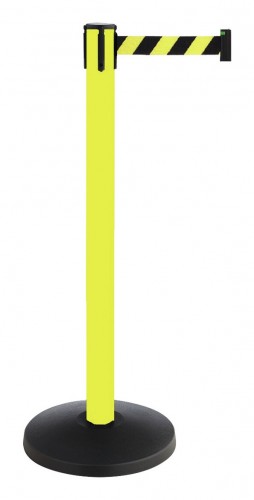 RS 2023 Freisteller Absperrpfosten-Metall-gelb-Gurtlaenge-3-m-Gurt-schwarz-gelb-diagonal-gestreift ALA-30-3-0-0170