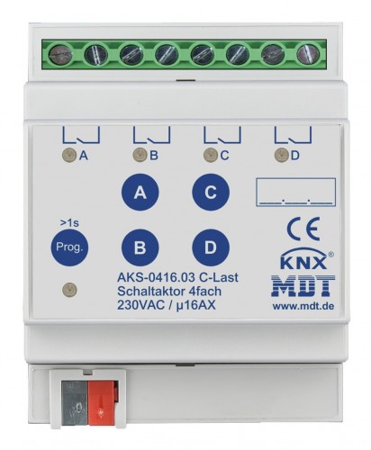 MDT 2020 Freisteller Schaltaktor-KNX-REG-4TE-4-Ausgaenge-16A-2500W-Bussystem-KNX-230V AKS-0416-03