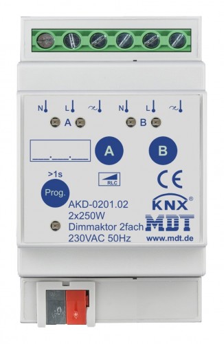 MDT 2020 Freisteller Dimmaktor-KNX-250W-REG-4TE-2-Ausgaenge-universal-Bussystem-KNX-Ort-Handbedienung AKD-0201-02